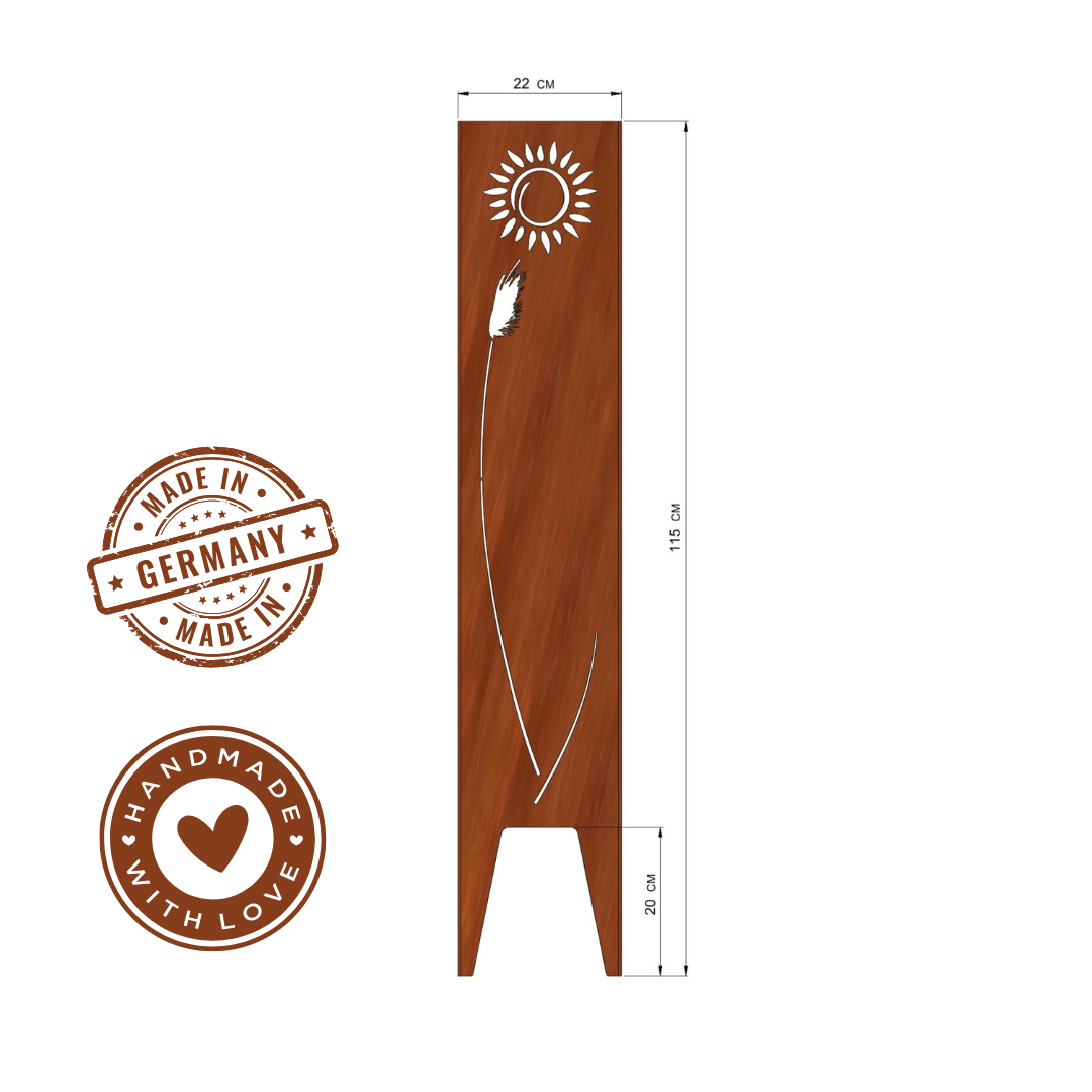 Gartenstele "Gras mit Sonne" aus Cortenstahl